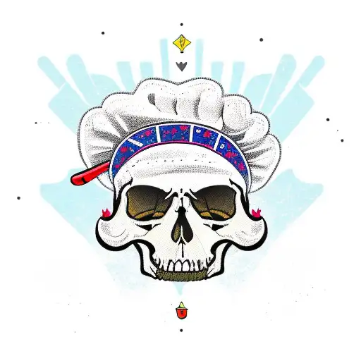 A Cook's Hat With An Eagle Design Incorporating Pop Punk Elements Like Skulls And Guitars