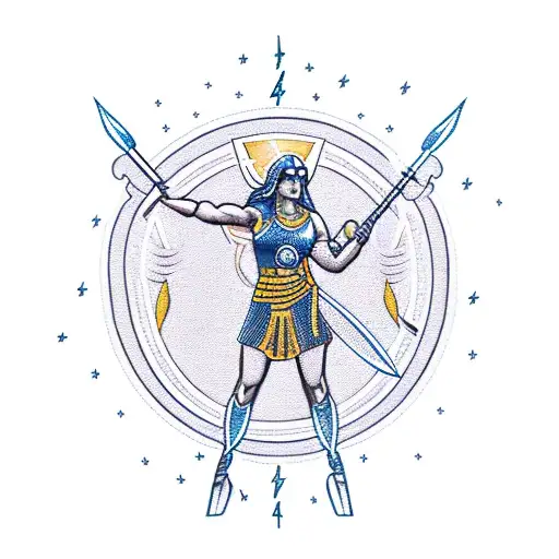 Upper Body Goddess Athena Holding Spear And Shield With Lightning In Background