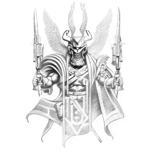 A Tattoo Design Merging Military Elements With Mythical Gods In A Sketch Style