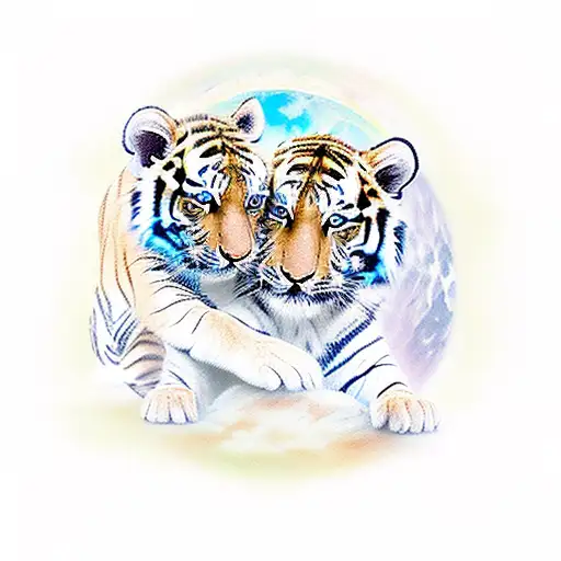 A Mystical Scene Of Kids Riding Tiger Cubs Under The Light Of A Full Moon