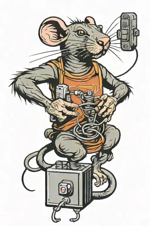 Cartoon Mill Rat Holding Eletrical Cables