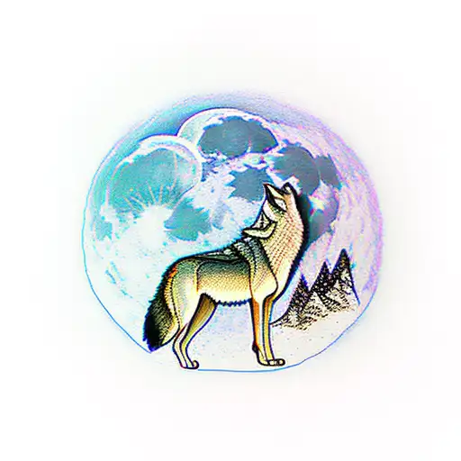 Wolf On Top Of Mountain With Full Moon