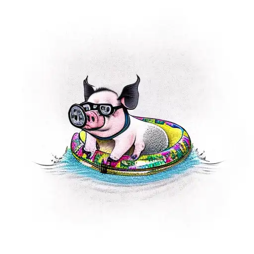 Drunk Pig Wearing A Hawaiian Shirt On Inner Tube