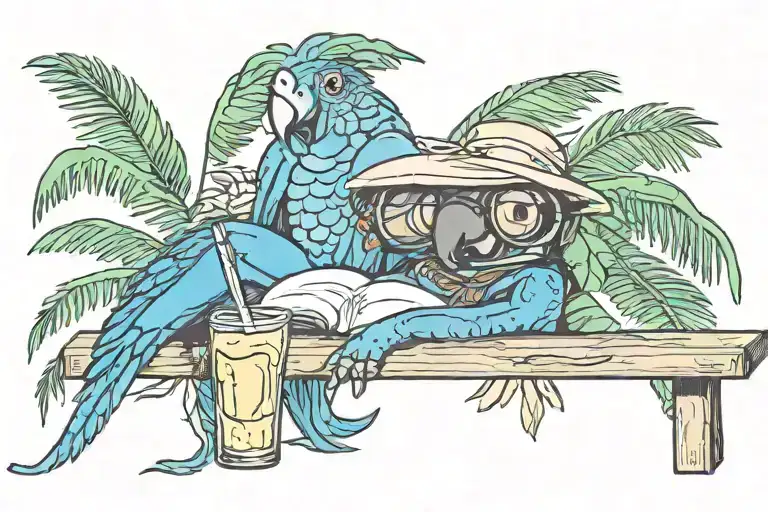 Parrott Lounging Under Palm Tree Drinking Margarita