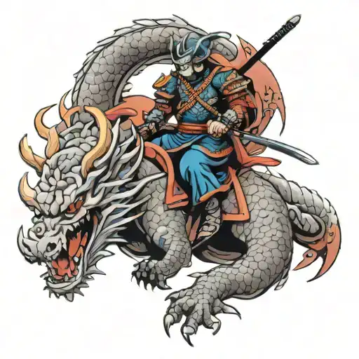 A New-school Design Of A Samurai Warrior Riding A Dragon Through A Japanese Landscape
