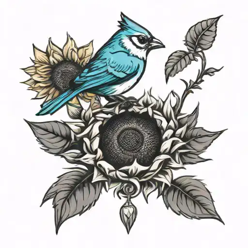 Sunflower Field And Flying Titmouse In A Medallion