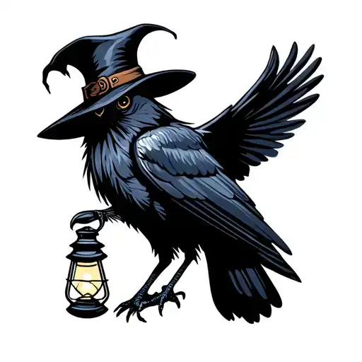 Crow Wearing Plague Doctor Hat Carrying A Lantern In Beak