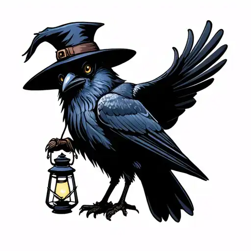 Crow Wearing Plague Doctor Hat Carrying A Lantern In Beak