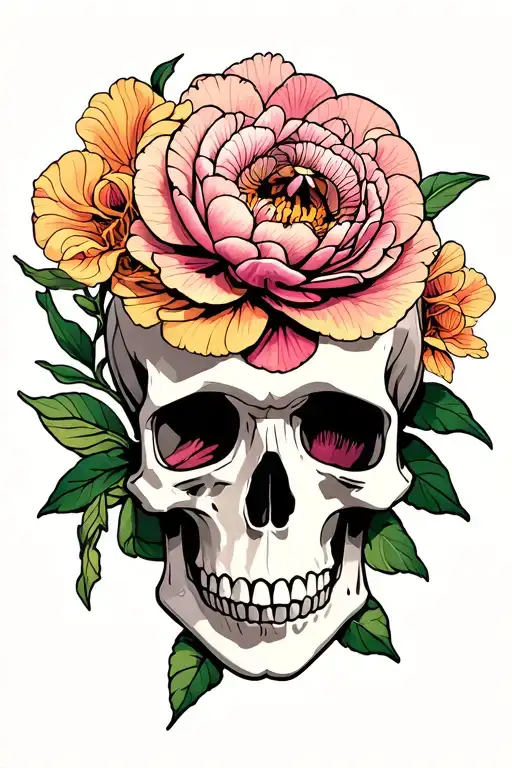 Orchid And Peony Flower Intertwined In A Skull