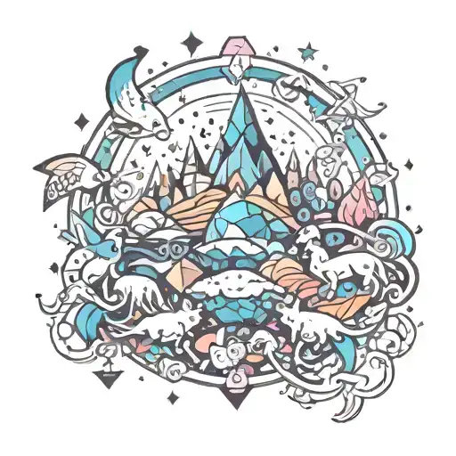 An Abstract Painting-inspired Design Featuring Colorful Crystals And Animals In A Cosmic Landscape