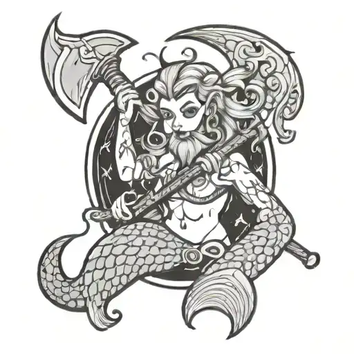 Capricorn Mermaid With Bearded Ax