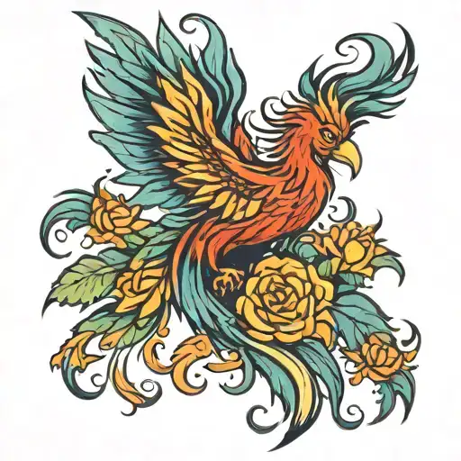 Phoenix With Flames And Flowers