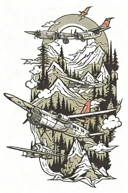 Mountains And Planes Flying Overhead With A Forest