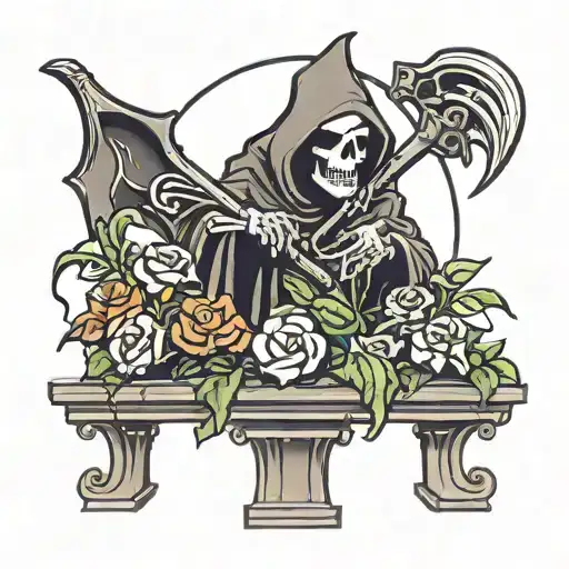 Grim Reaper Planting Flowers At A Grave
