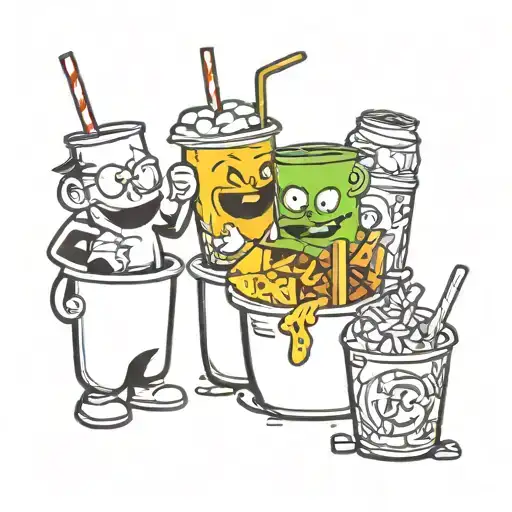 A Graffiti-style Mural Of Cartoon Characters Enjoying Snacks And Soda At A Rave