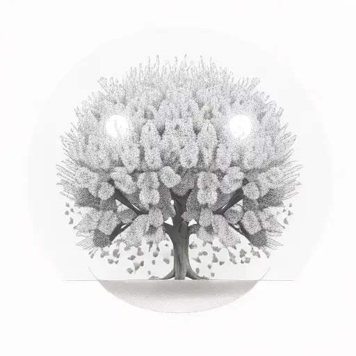 Olive Tree In A Field Of Dahlia Flowers With The Moon In The Background