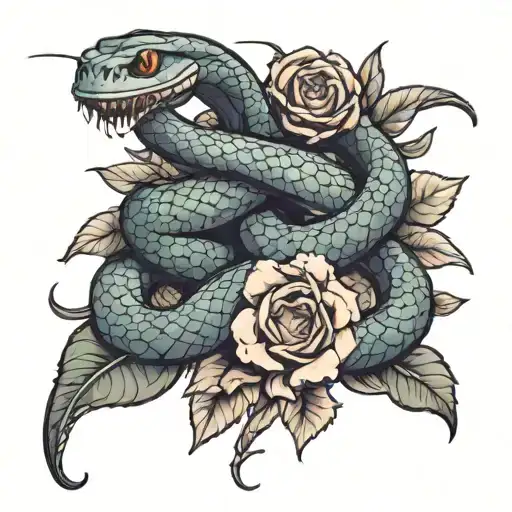 Snake Wrapped Around 3 Flowers Intertwined