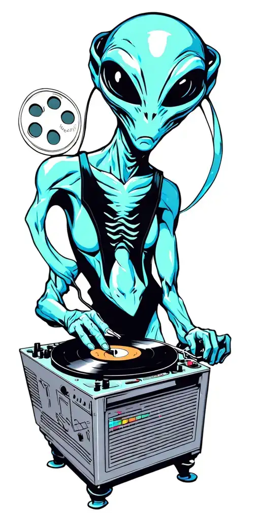 A Tattoo Design Of An Alien Dj Spinning Records On A Turntable With A Movie Reel In The Background