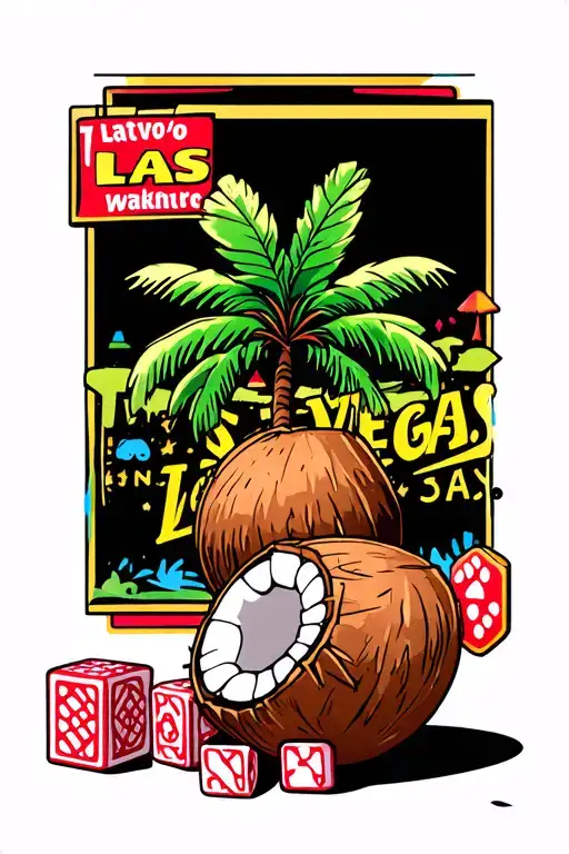 Coconut Sitting In Front Of Las Vegas Cards And Dice