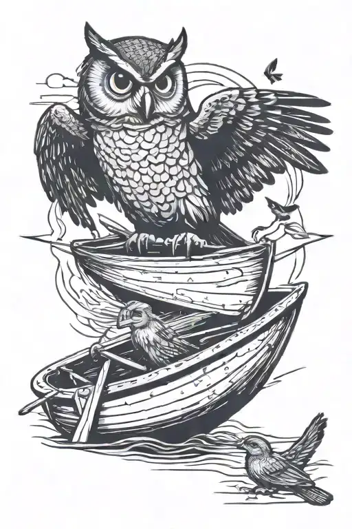 Owl Rowing Boat With Blackbird On Edge Overlooking