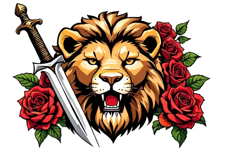 Lion Face With Roses And A Sword