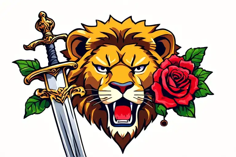 Lion Face With Roses And A Sword