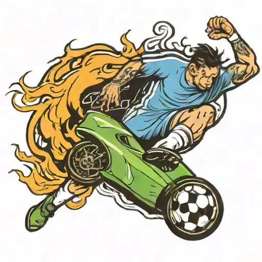 A Soccer Player Kicking A Ball Through A Flaming Hoop With A Sports Car Speeding By