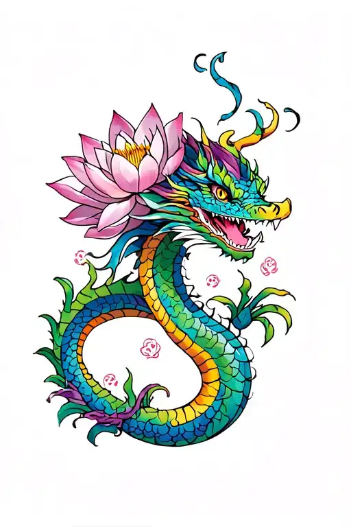 Colorful Dragon With Lotus Flowers