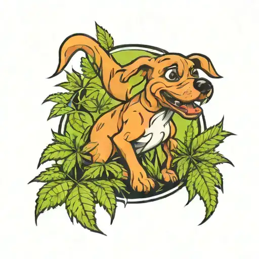 A Sketch Style Tattoo Of A Dog Playing With A Pokeball In A Field Of Cannabis Plants