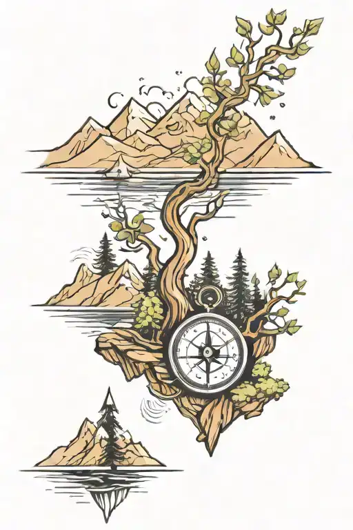 Mountain Trees River With Compass And Anchour
