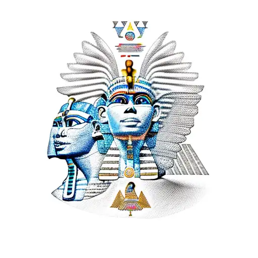 Half Egyptian Winged Sphinx And Half Aztec Winged Sphinx In Front Of Aztec And Egyptian Pyramids