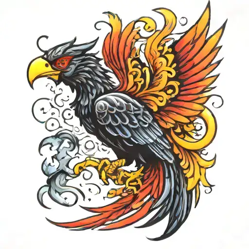 Black Phoenix With A Long Red And Orangetail