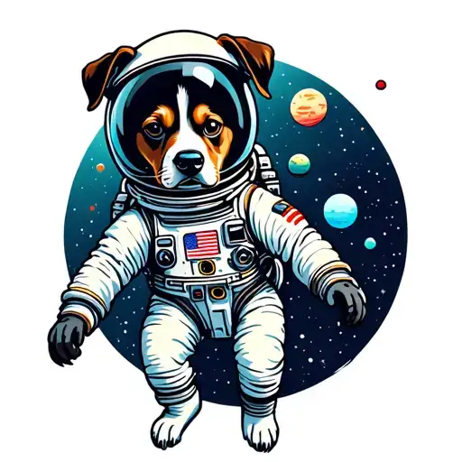 A Space-themed Dog Astronaut Floating In Zero Gravity Surrounded By Celestial Bodies