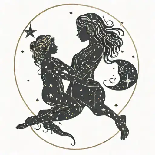 A Mother And Daughter Silhouette With Cancer Constellation In The Background