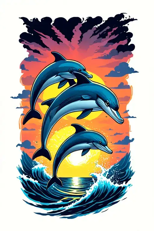 Dolphins Jumping With Sunset