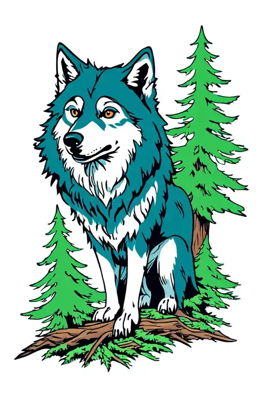 Wolf And Forest Trees Looking