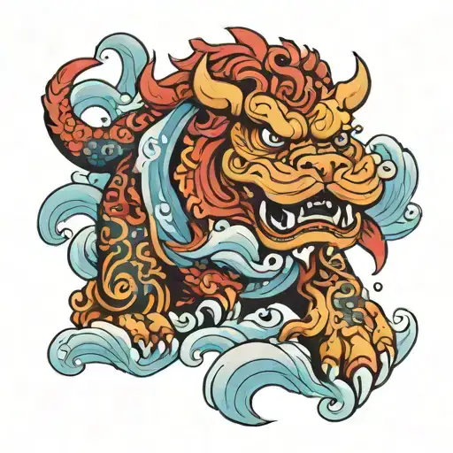 A Majestic Fu Dog Surrounded By Japanese Waves And Clouds In A New-school Style