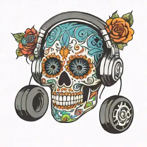 A Sugar Skull With Headphones And Music Notes Intertwined In The Design
