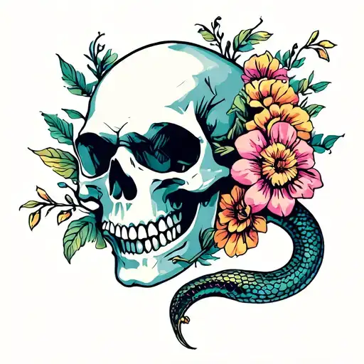 Skull With Flowers And Snake