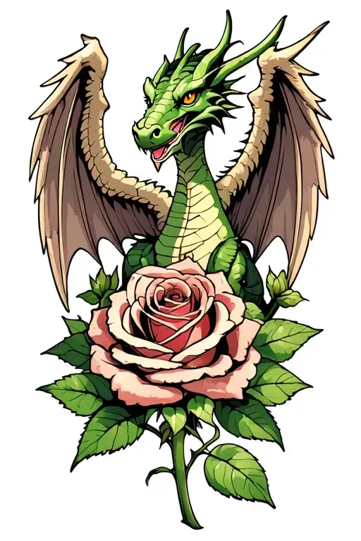 Winged Dragon Intertwined With Stem Of Rose And Wings Shielding The Rose Bud