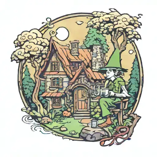 A Whimsical Tattoo Of A Magical Elf Brewing Their Own House Wine In A Forest
