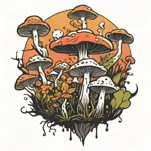 A Mystical Mushroom Forest With A Fiery Sky