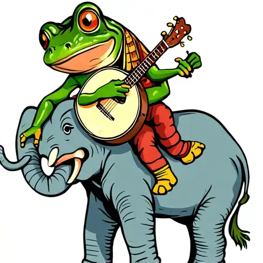 A Frog Playing A Banjo While Riding An Elephant That's Cute And Has Some Color But Not To Much