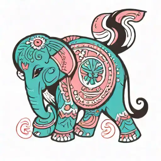 A Turquoise Elephant With Pink Accents And Native American Patterns