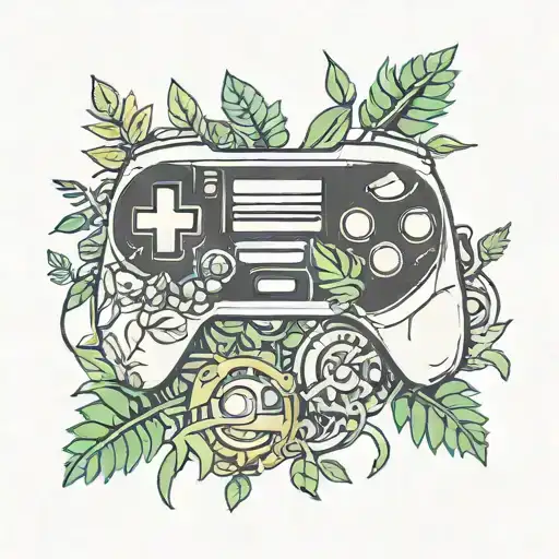 A New School Tattoo Of A Video Game Controller Surrounded By Rainforest Foliage