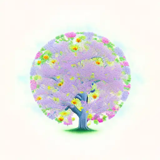 Flowers In A Large Field With Tree Of Life