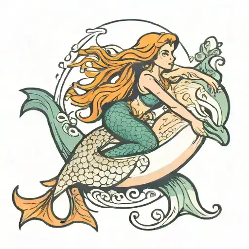 A Mermaid Riding A Dolphin In A Semi Colon Shape