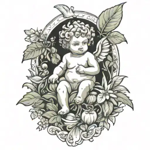 Garden Of Eden With Chubby Cherub And Foliage