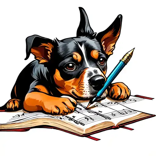 An Intricate New-school Tattoo Of A Dog Writing Music Notes With A Quill Pen