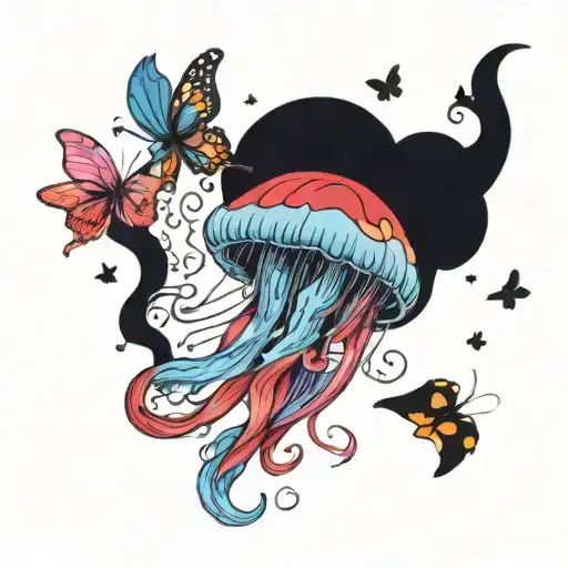 Jellyfish With Red And Black Butterflies And Blue And Pink Flowers